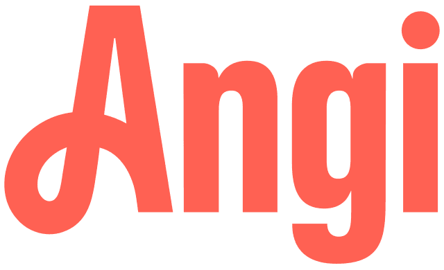Angi logo in coral red lettering on black background