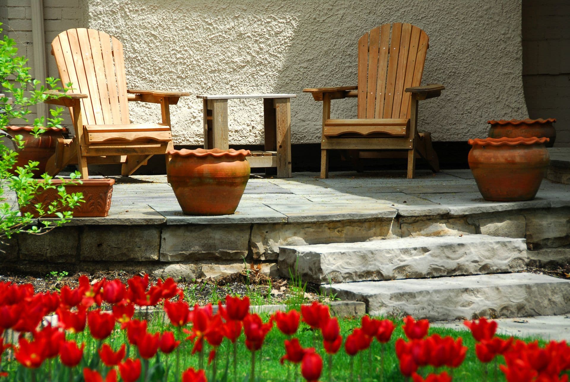 Patio seating area with two wooden Adirondack chairs flanking a small table, terra cotta planters, and red tulips in foreground against textured stone wall