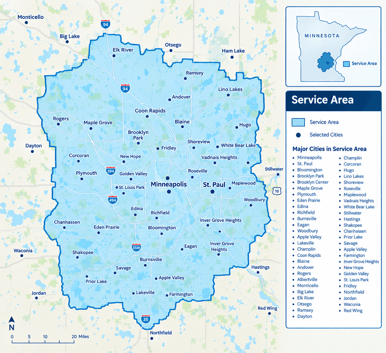 Map of Minnesota service area covering Minneapolis-St. Paul metro region and surrounding cities, with blue shaded coverage zone and marked selected cities including Minneapolis, St. Paul, Bloomington, and 50+ other communities